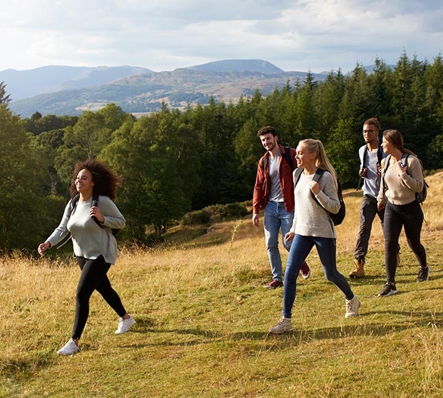 A group of friends walking across a forest hilltop