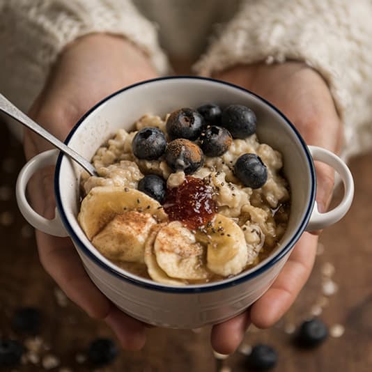 Warming bowl of porridge in hands