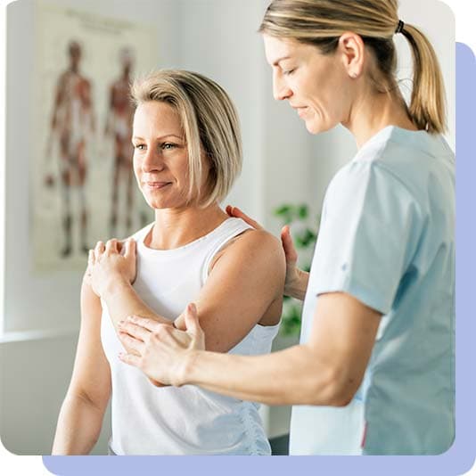 Physiotherapist and patient doing stretches