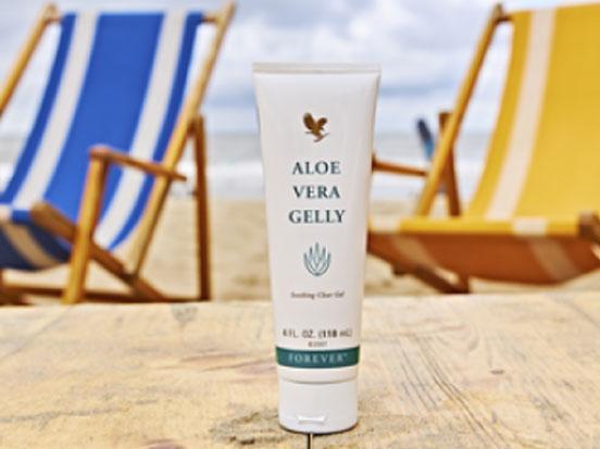 Forever Living Aloe Vera Gelly bottle on beach