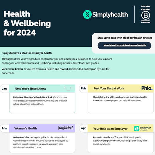 Screenshot of the 2024 health and wellbeing calendar
