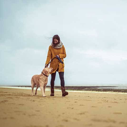 Woman walking dog along the beach